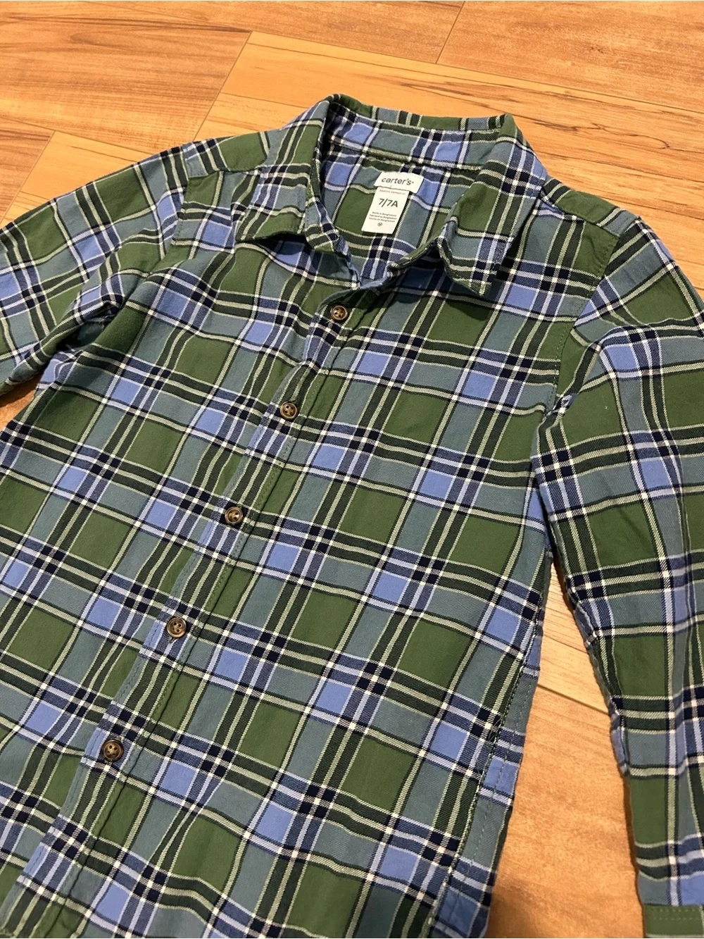Carter's Boys Size 7 Long Sleeve Green & Blue Plaid Button-Up Shirt